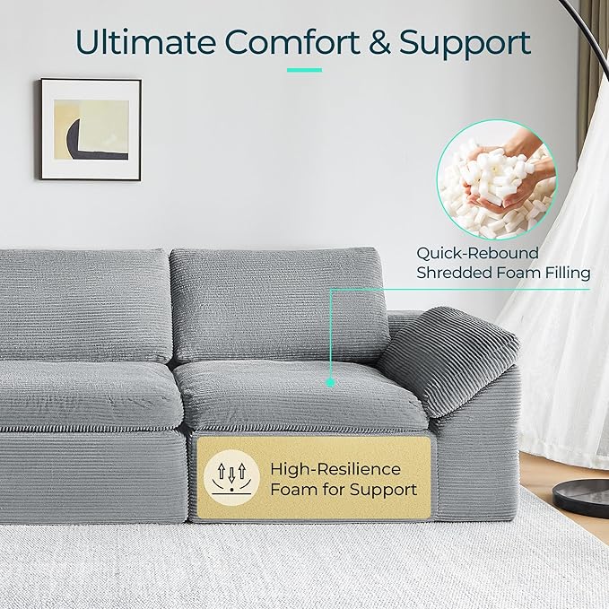 LINSY HOME Modern Boneless Cloud Couch Set, Deep Seat Corduroy Secional Loveset Sofa Sets for Living Room, Apartment, Office, No Assembly Required, Grey