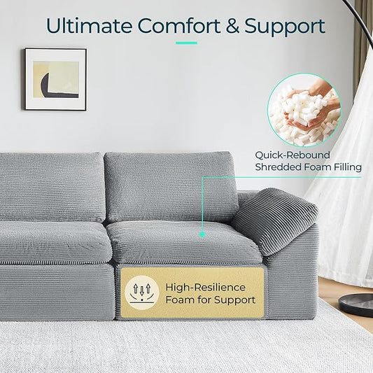 LINSY HOME Modern Boneless Cloud Couch Set, Deep Seat Corduroy Secional Loveset Sofa Sets for Living Room, Apartment, Office, No Assembly Required, Grey
