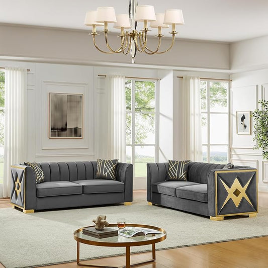 KEIKI 2-Piece Luxury Chesterfield Sofa Set with 2 Oversized Velvet 3-Seater Sofa, Upholstered Modern 6-Seater Button Tufted Couch Set with 4 Pillow, Gold Stainless Decoration, for Living Room, Gray