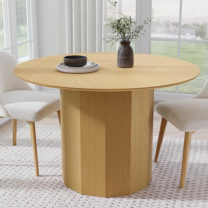 Casaphoria 46" Round Dining Table, Modern Wood Kitchen Table with Cylinder Polygonal Base for Living Room & Dining Room, Easy Assembly Farmhouse Furniture for 4-6, Oak
