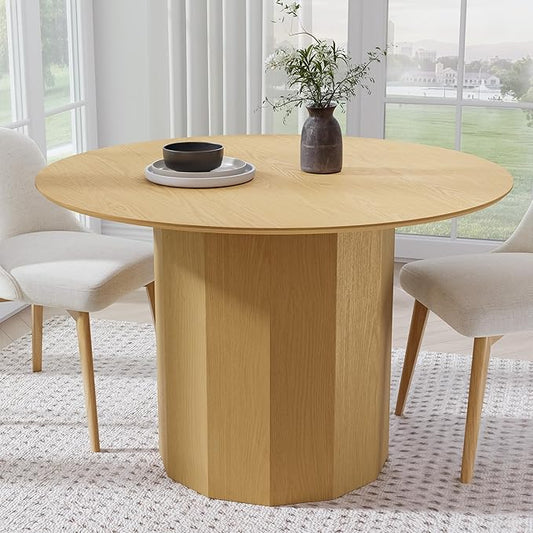 Casaphoria 46" Round Dining Table, Modern Wood Kitchen Table with Cylinder Polygonal Base for Living Room & Dining Room, Easy Assembly Farmhouse Furniture for 4-6, Oak