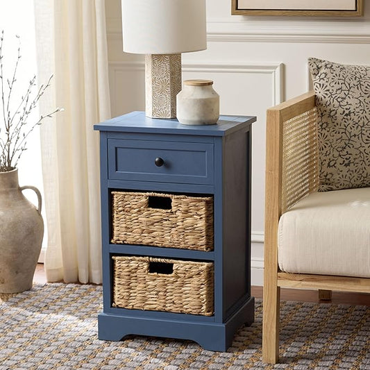 SAFAVIEH Home Collection – Carrie Blue 3-Drawer Storage Side Table, Mixed-Material Cottage Design, Fully Assembled (AMH5700K)