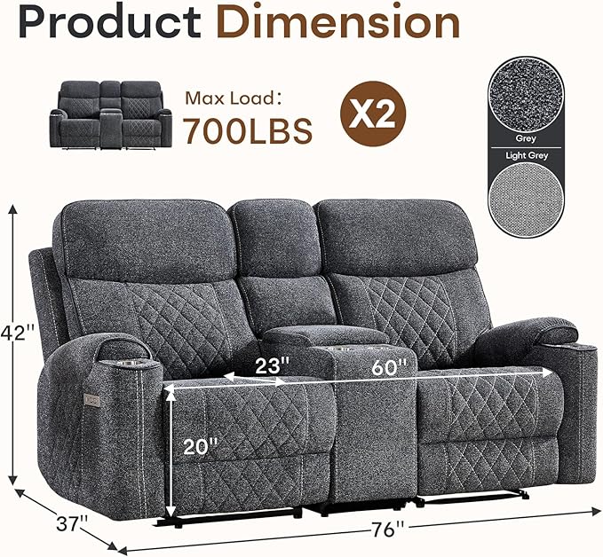 HAOMARKETS Power Reclining Loveseat Sofa Set of 2 with USB & Type-C Charging Port, Breathable Fabric 2-Seater Electric Recliner Couch with Cup Holders & Storage Console for Living Room, Dark Grey