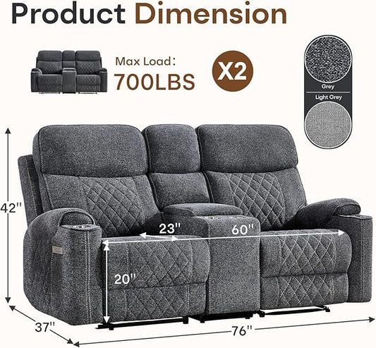 HAOMARKETS Power Reclining Loveseat Sofa Set of 2 with USB & Type-C Charging Port, Breathable Fabric 2-Seater Electric Recliner Couch with Cup Holders & Storage Console for Living Room, Dark Grey