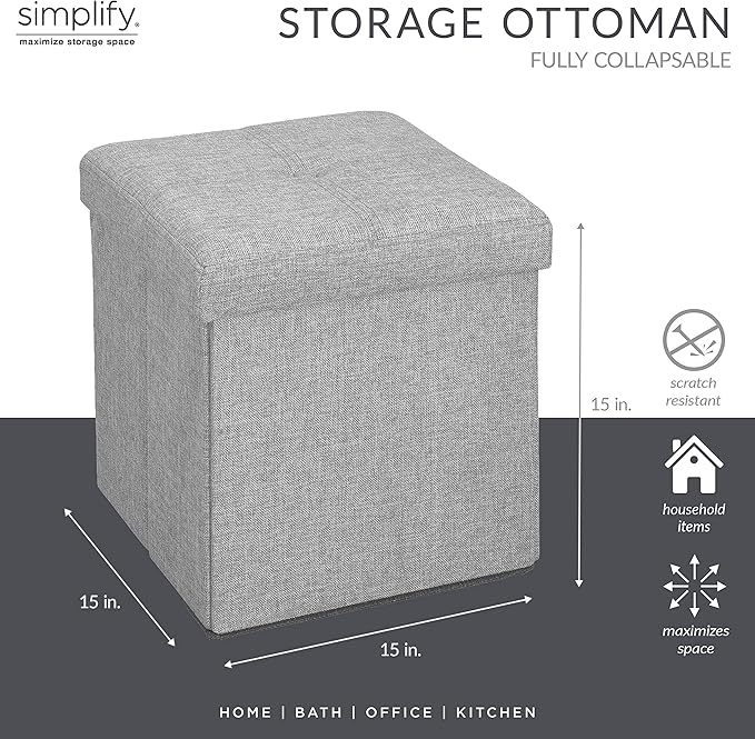 Simplify Faux Linen Folding Storage Ottoman | Single | Collapsible | Tufted Padded Seating | Foot Rest | Toy Box | Bench | Grey