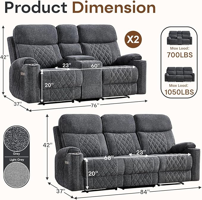 HAOMARKETS 3-Piece Power Recliner Sofa Set with Charging Port, Include 2 2-Seater Loveseat Reclining Couches with Hidden Storage and Cup Holders and 3-Seater Recliner Couch for Living Room, Dark Grey