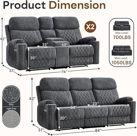 HAOMARKETS 3-Piece Power Recliner Sofa Set with Charging Port, Include 2 2-Seater Loveseat Reclining Couches with Hidden Storage and Cup Holders and 3-Seater Recliner Couch for Living Room, Dark Grey