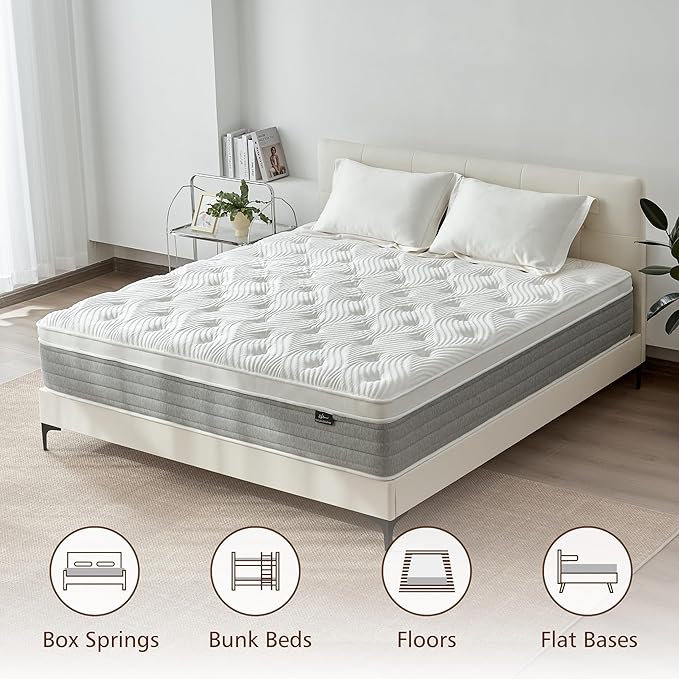Queen Mattress, 14 Inch Queen Mattress in a Box, Medium Firm, Individual Pocketed Springs for Pressure Relief & Motion Isolation, CertiPUR-US Certified