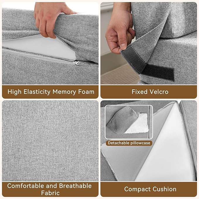 WUTUTUEE Folding Sofa Bed Convertible Floor Couch Foldable Chair Bed with Pillow，Linen Sleeper Chair Futon,Foldable Memory Foam Mattress for Bedroom/Living Room/Dorm/Office (Light Grey, Standard)