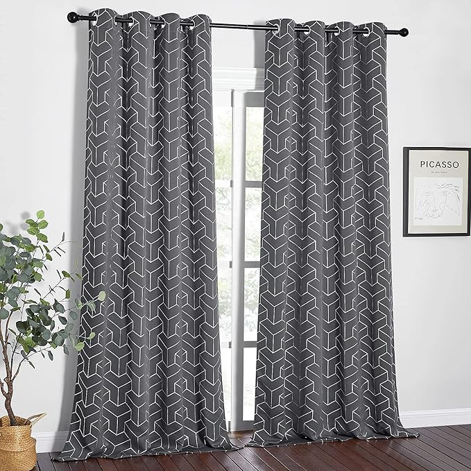 NICETOWN Blackout Curtains for Bedroom, Foil Printed T-Shaped Energy Saving Thermal Insulated Solid Grommet Blackout Draperies for Patio Hall Studio (1 Pair, 52 inches by 95 inches, Grey)