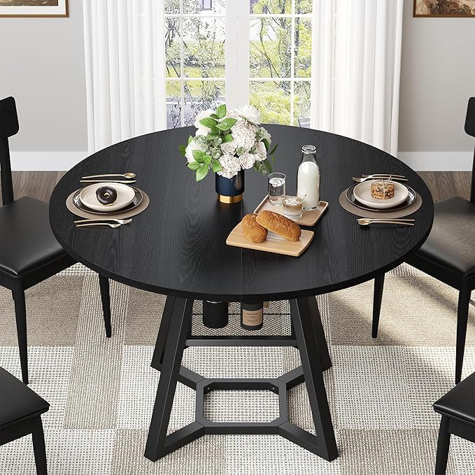 Round Dining Table for 4, Kitchen Tables Dining Room Circle Dinner Table with Pedestal Metal Frame, Space Saving Wood Industrial Kitchen & Dining Room Tables, Black 47In