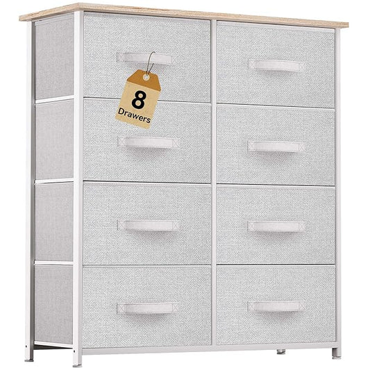 DWVO Fabric Dresser for Bedroom, Tall Dresser with 8 Drawers, Storage Tower with Fabric Bins, Chest of Drawers for Closet & Living Room - Sturdy Steel Frame, Wooden Top