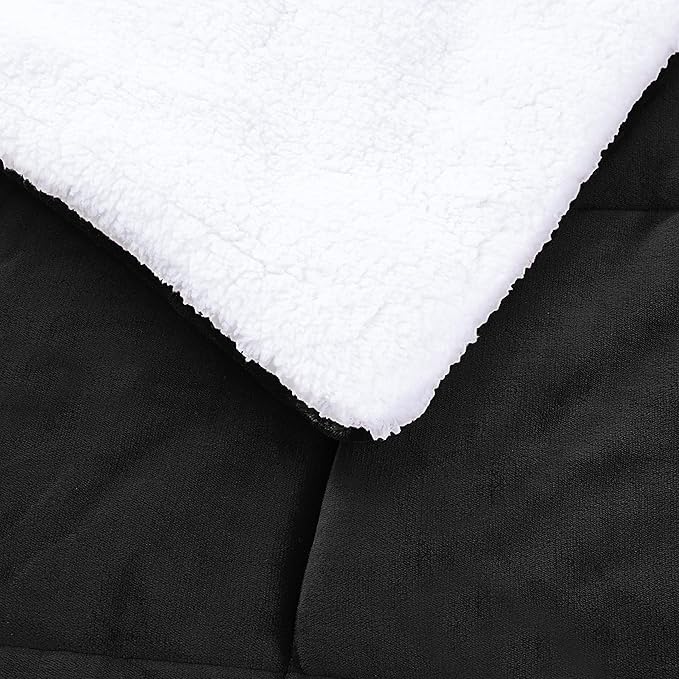 Amazon Basics 3-Piece Micromink Sherpa Bedding Set, Ultra-Soft, Warm All Season Comforter, Full/Queen, Black, Reversible