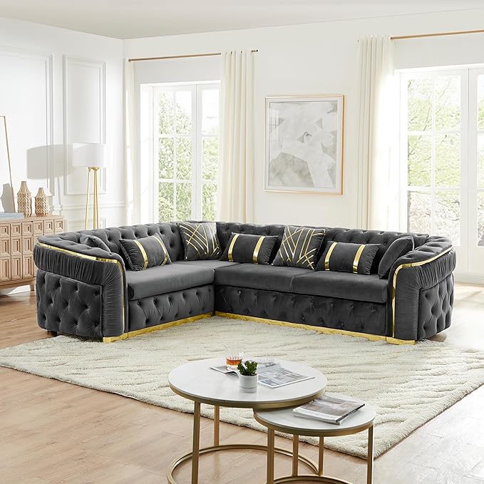 KEIKI 111" L-Shaped Luxury Velvet Chesterfield Sectional Sofa with Gold Stainless Steel Accents and 7 Pillows, Mid-Century Oversized 5-Seater Button Tufted Couch, Easy Assembly, for Living Room, Grey