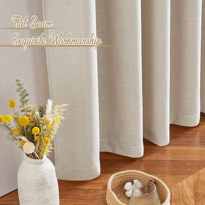 NICETOWN Linen Cream Curtains 108 inches Long, Rod Pocket & Back Tab Flax Linen Burlap Semi Sheer with Light Filtering Privacy Window Drapes for Living Room/Bedroom, W52 x L108, 2 Panels