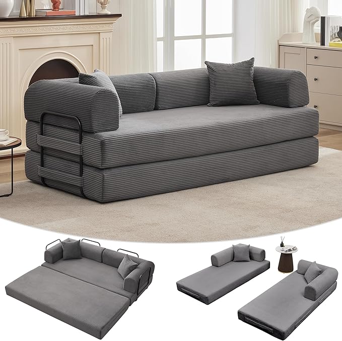 GarveeHome 79" Convertible Sleeper Sofa Bed Couch, 4-in-1 Boneless Corduroy Folding Sofa Bed with Pillow & Fixed-Shape, Floor Mattress Couch Loveseat for Living Room Apartments - No Assembly, Gray