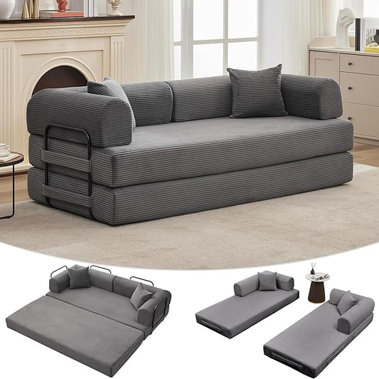 GarveeHome 79" Convertible Sleeper Sofa Bed Couch, 4-in-1 Boneless Corduroy Folding Sofa Bed with Pillow & Fixed-Shape, Floor Mattress Couch Loveseat for Living Room Apartments - No Assembly, Gray