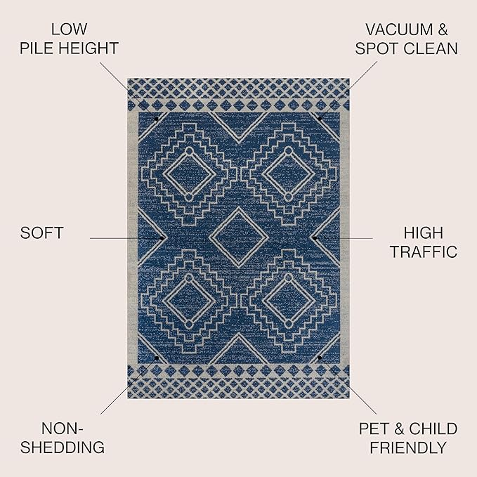 JONATHAN Y Amir Moroccan Beni Souk Navy/Ivory Indoor Area Rug, 4x6, Bohemian, Scandinavian, Easy-Cleaning for Living Room, Bedroom, Kitchen, Pet Friendly, Non-Shedding (MOH200D-4)