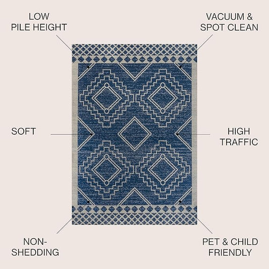 JONATHAN Y Amir Moroccan Beni Souk Navy/Ivory Indoor Area Rug, 4x6, Bohemian, Scandinavian, Easy-Cleaning for Living Room, Bedroom, Kitchen, Pet Friendly, Non-Shedding (MOH200D-4)