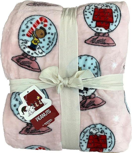 Berkshire Blanket & Home Co Peanuts Winter Blanket, Polyester (Light Pink - Characters in Snow Globes, Twin)