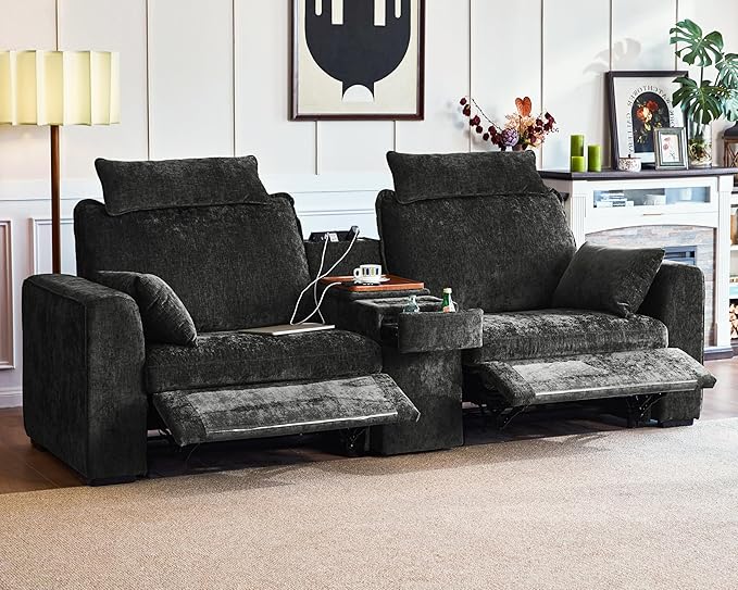 102.8'' Loveseat Power Recliner Sofa with Headrest, Oversized Cloud Modular Sectional Reclining Couch with Table, Storage Drawer, Charging, 2-Seater for RV Home Theater, Chenille, Black