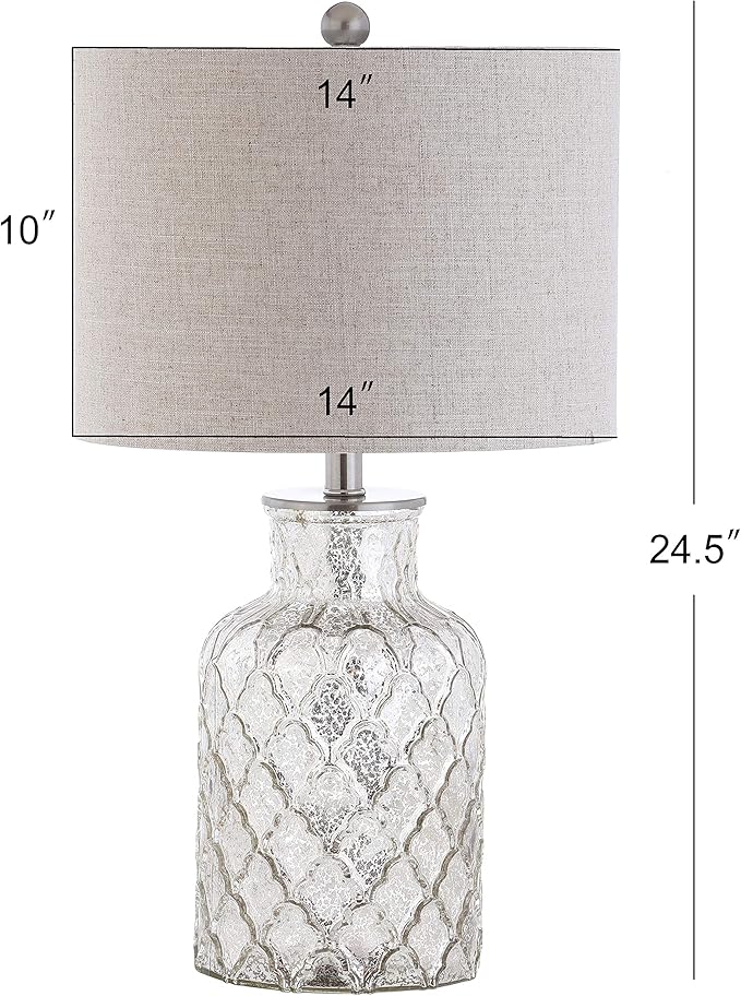 JONATHAN Y 24.5" Alvord Mercury Silver Quatrefoil Glass Table Lamp Set of 2, Contemporary Nightstand Lamps with Grey Linen Drum Shade, UL Listed, LED Bulbs Included JYL1075A-SET2