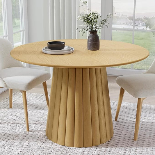 Casaphoria 46" Round Dining Table, Modern Wood Kitchen Table with Cone Shaped Strip Convex Base for Living Room & Dining Room, Easy Assembly Farmhouse Furniture for 4-6, Oak
