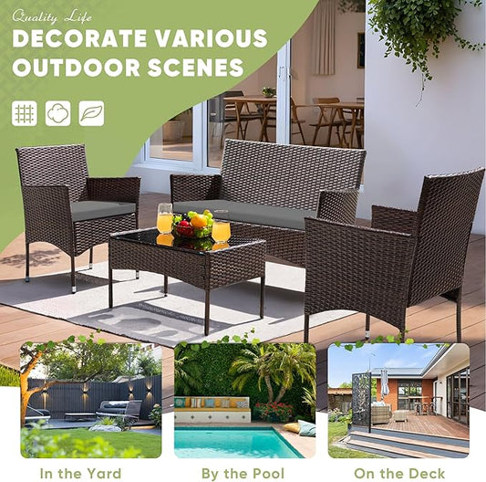 Greesum Patio Furniture 4 Pieces Conversation Sets Outdoor Wicker Rattan Chairs Garden Backyard Balcony Porch Poolside loveseat with Cushion and Glass Table, Brown and Grey