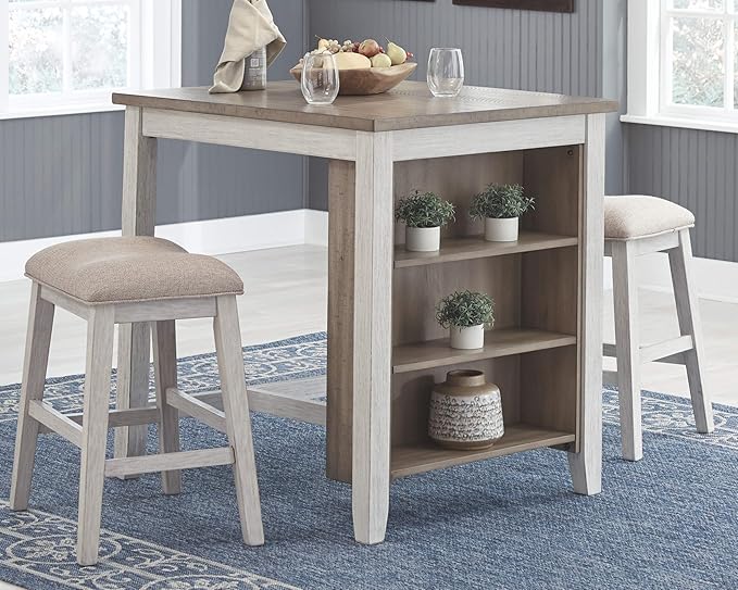 Signature Design by Ashley Skempton 3 Piece Counter Height Dining Set with 2 Barstools, Whitewash