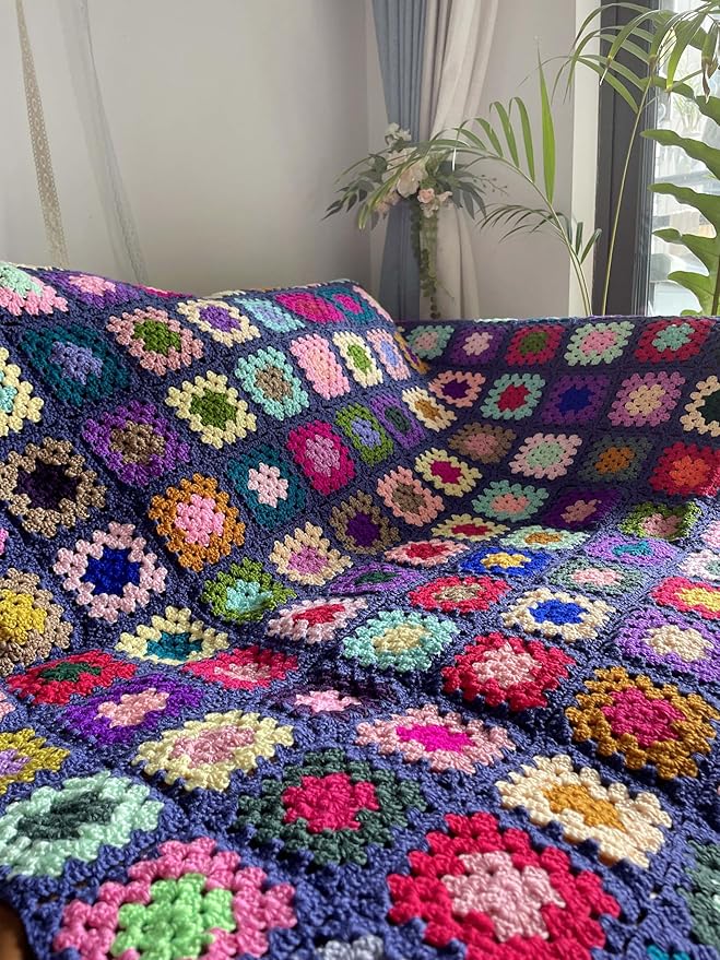 RISEON Handmade Granny Square Crochet Throw Blanket Sweater Style Mat, crochet quilt, multicolor Boho Travel Accent Decor Throw for Sofa Comforter Couch Bed Recliner Living Room Bedroom (Dark blue)