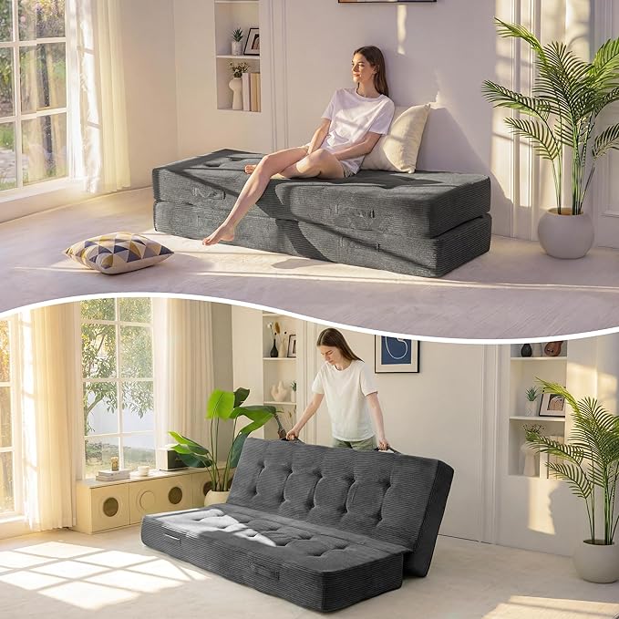 MAXYOYO 8" Foldable Floor Sofa Bed, Tufted Foldable Couch Bed Thick Folding Mattress with Handles, Versatile Folding Sofa Couch for Floor Sleeping, Living Room & Guest Room, Dark Grey
