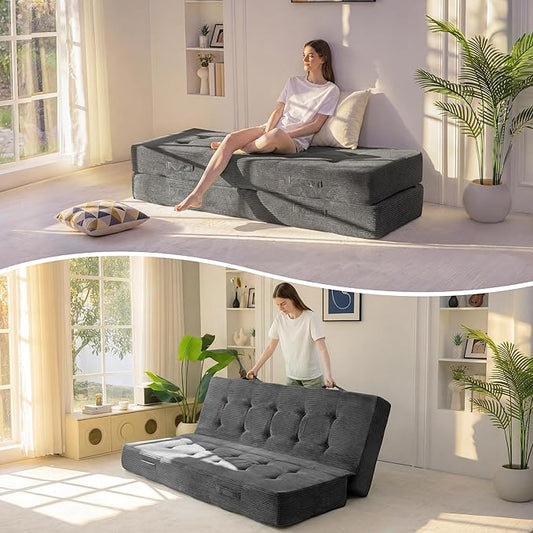 MAXYOYO 8" Foldable Floor Sofa Bed, Tufted Foldable Couch Bed Thick Folding Mattress with Handles, Versatile Folding Sofa Couch for Floor Sleeping, Living Room & Guest Room, Dark Grey