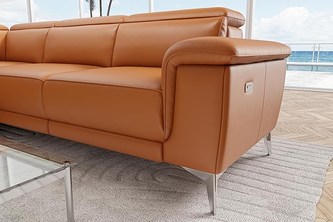 Valencia Pista 113" Full Leather Reclining Sectional Sofa with Left Hand Chaise | Power Recliner Chair, Nappa 11000 Leather | Sectional Couch for Living Room Furniture, Cognac