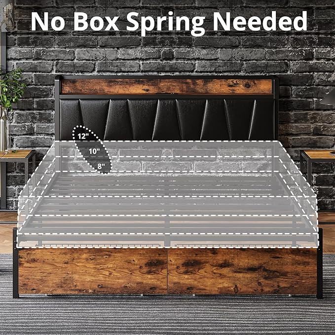 LIKIMIO Full Size Bed Frame, Storage Headboard with Charging Station, Platform Bed with Drawers, No Box Spring Needed, Easy Assembly, Vintage Brown and Black