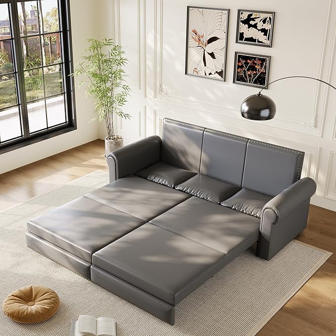 Eafurn 93.7" King Size Pull Out Sofa Bed, 3-in-1 Convertible Sleeper Sofa Couch Bed with Nailhead Decor and Rolled Arms, Faux Leather Oversized Chesterfield Loveseat Chaise Lounge