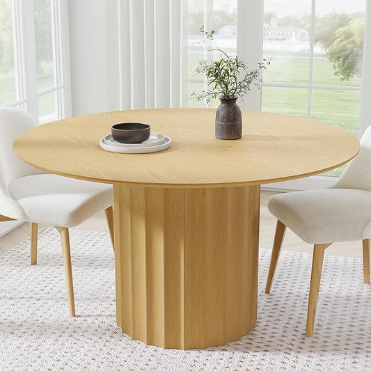 Casaphoria 52" Round Dining Table, Modern Wood Kitchen Table with Cylindrical Wide Bar Concave Base for Living Room & Dining Room, Easy Assembly Farmhouse Furniture for 4-6, Oak
