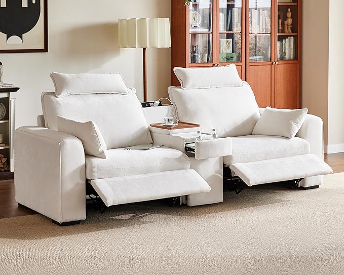 102.8'' Loveseat Power Recliner Sofa with Headrest, Oversized Cloud Modular Sectional Reclining Couch with Table, Storage Drawer, Charging, 2-Seater for RV Home Theater, Chenille, White