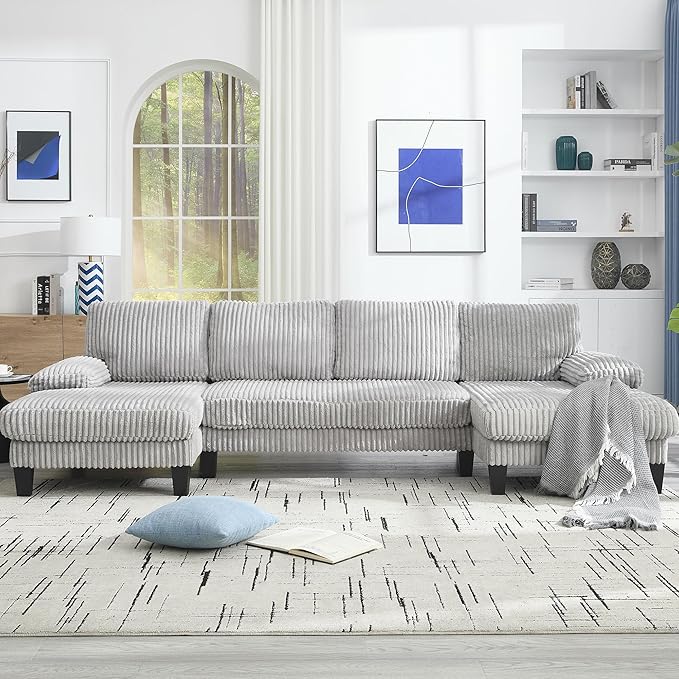 Eafurn Symmetrical U Shaped Sectional Sofa with Double Chaise Lounge,Modern Corduroy Upholstered Oversized Corner Couch, Deep Seat Comfy 4-Seater Sofa w/Pillow-top Armrest for Living Room