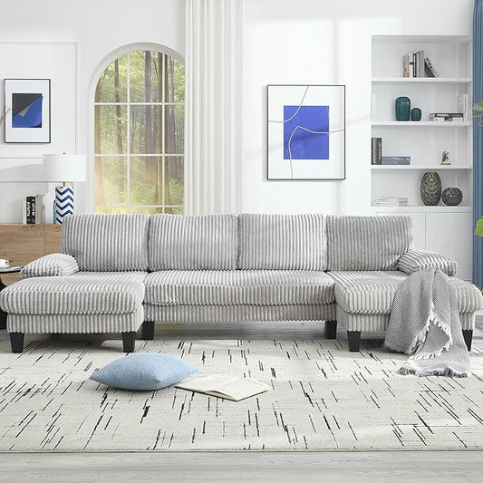 Eafurn Symmetrical U Shaped Sectional Sofa with Double Chaise Lounge,Modern Corduroy Upholstered Oversized Corner Couch, Deep Seat Comfy 4-Seater Sofa w/Pillow-top Armrest for Living Room