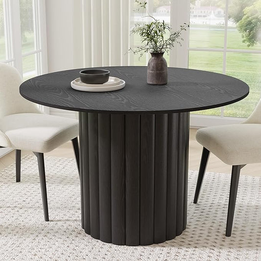 Casaphoria 46" Round Dining Table, Modern Wood Kitchen Table with Wide Column Pedestal Base for Living Room & Dining Room, Easy Assembly Farmhouse Furniture for 4-6, Black
