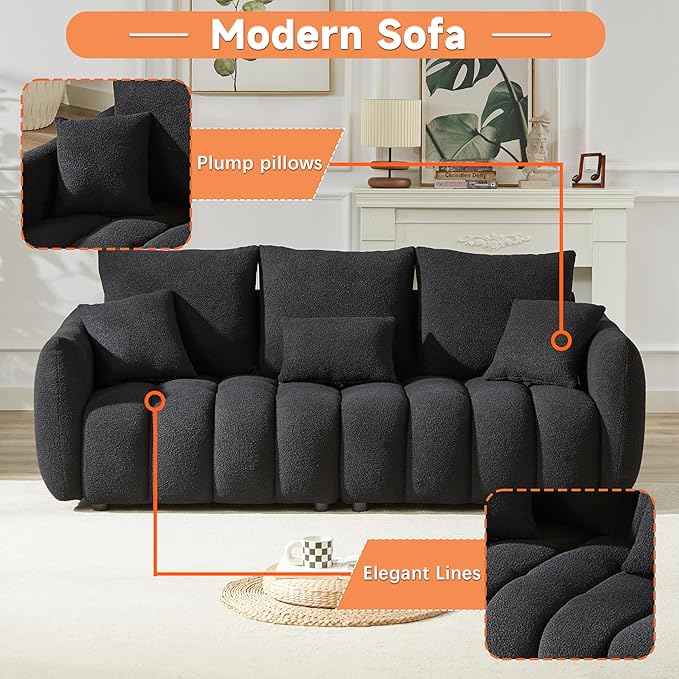 2 Pieses Modern Sofa Sets Luxury Teddy Upholstered Golden Element Accents Armrests Tufted Sofa&Couch Include 3 Seater Couches and 12 Pillows for Living Room, Bedroom, Apartment and Office Furniture