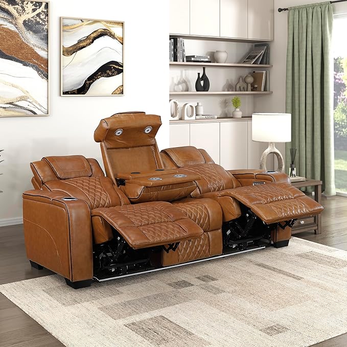 Lexicon Power Double Reclining Sofa, Center Drop-Down Table with Heat/Massage/Headrest/Storage Arms/Cup Holders/LED Lights/Wireless Charging, Top Grain Leather Match Wall Hugger Recliner Sofa, Brown