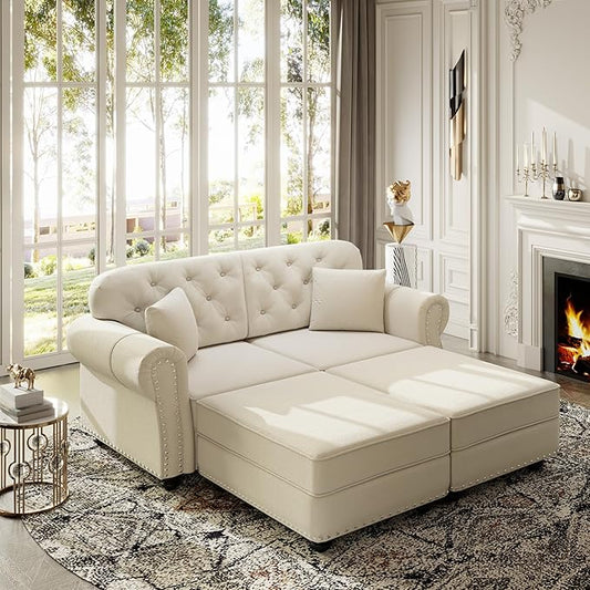 KEIKI 63" Velvet Chesterfield Sofa with Rolled Arms & Nailhead Trim & 2 Ottoman, Modern 2-Seater Button Tufted Couch with High Resilience Cushion & 2 Pillow, Easy Assembly, for Living Room, White