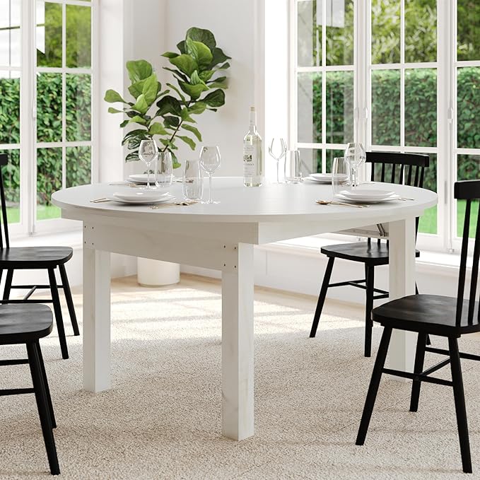 Flash Furniture Hercules Commercial Round Farmhouse Folding Table, Antique Rustic Solid Pine Dining Room Table, Foldable Locking Legs, 60" Diameter, White