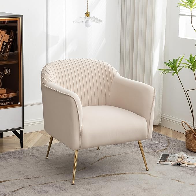 Contemporary Velvet Accent Chairs for Living Room, Bedroom and Entryway, Modern Armchair with Sleek Metal Legs, Elegant Seating Solution for Small Spaces, Tan