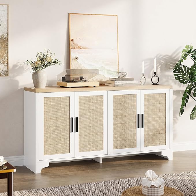 GarveeHome 4-Door Sideboard Buffet Cabinet, Natural Rattan Storage Cabinet, Boho Entryway Console Table, Coffee Bar Station for Dinning Room, Living Room, Kitchen, White