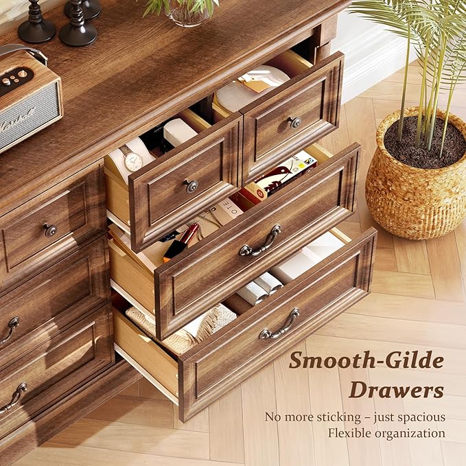 Concho Farmhouse 6 Drawers Dresser for Bedroom, Tall Wood Chest of Drawers with Spacious Storage Space, Rustic Storage Dressers Organize, TV Stand for Living Room, Bedroom, Rustic Brown