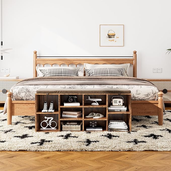 Shoe Bench, Storage Bench with Padded Seat, 10 Cubbies Storage Entryway Bench, for Living Room, Bedroom, Hallway,Brown
