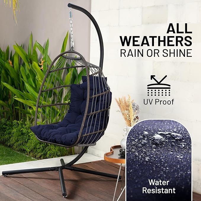 SereneLife Egg Chair with Stand – Hanging Rattan Wicker Swing for Indoor Outdoor Use – 350 lbs Capacity, Breathable Cushion & Headrest – Patio, Balcony, Porch, Bedroom Lounge Furniture