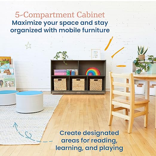 ECR4Kids 5-Compartment Mobile Storage Cabinet, Preschool, Classroom Furniture, Grey Wash